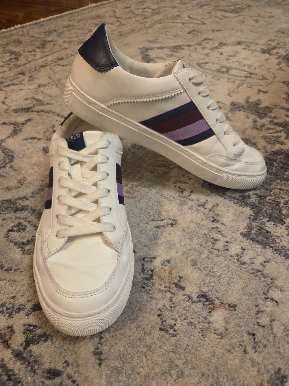J. Crew White Low-Top Sneakers with Blue and Purple Stripe